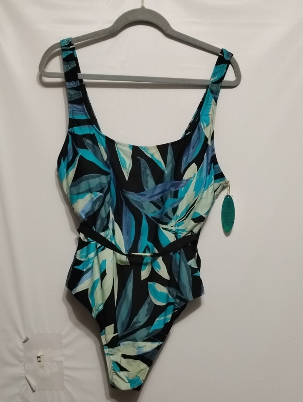 MYNAH Tropical Leaf Print One-Piece Swimsuit in Teal & Black